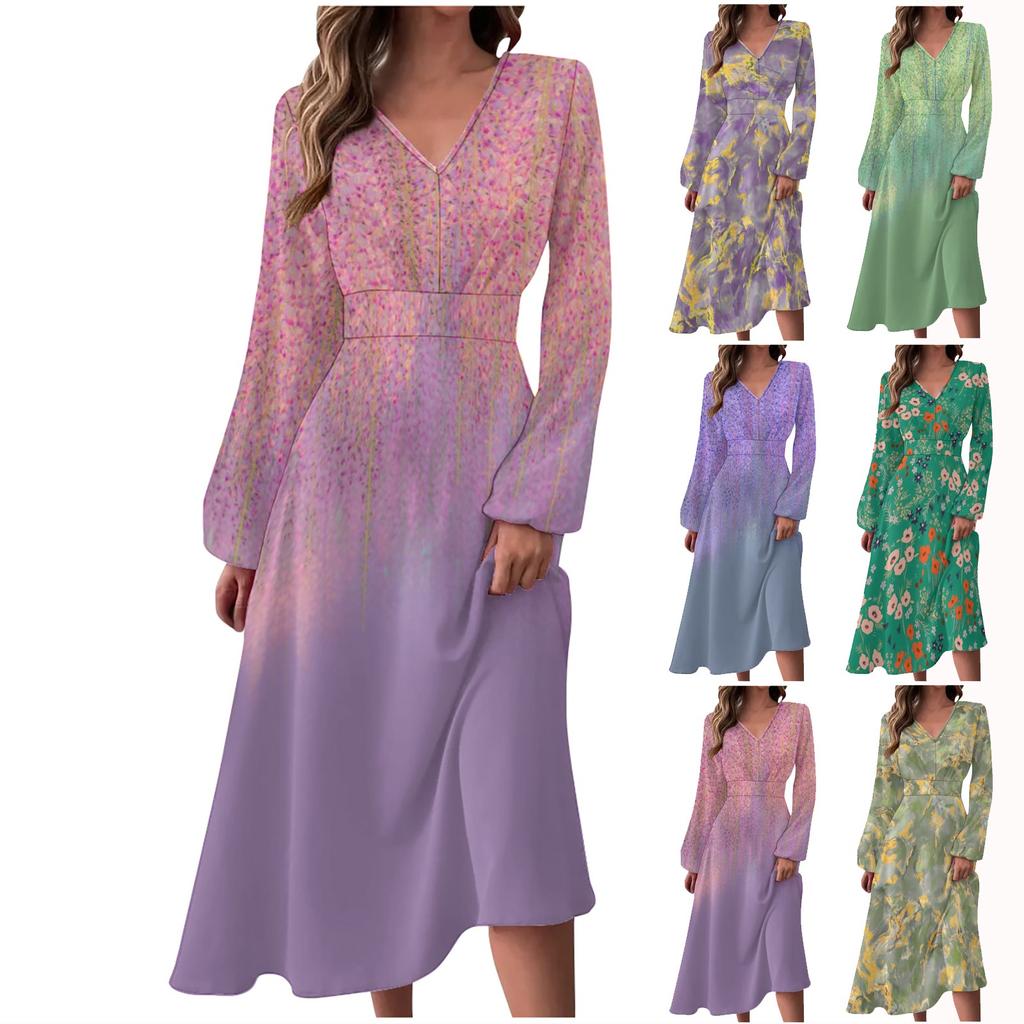 Женское осенне-зимнее повседневное модное длинное платье с v-образным вырезом и длинным рукавом с цветочным принтом