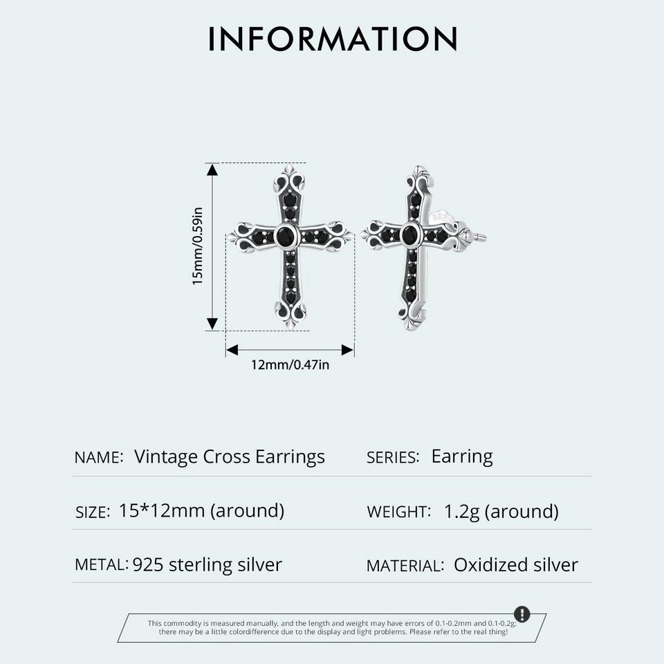 WOSTU Винтажные серьги-гвоздики из стерлингового серебра 925 пробы с крестом для женщин, крутые черные серьги-гвоздики с цирконием в стиле панк, модные украшения, подарок на вечеринку