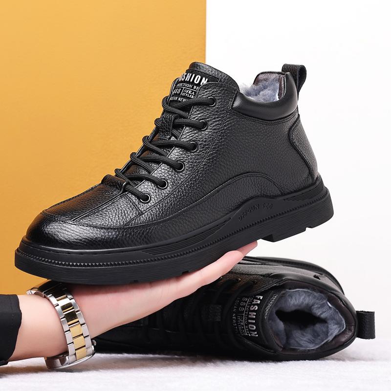 Зимние новые мужские хлопковые туфли кожаные шерстяные теплые мужские туфли высокие повседневные бархатные мужские кожаные туфли