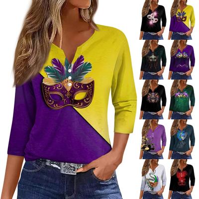 Женская футболка с принтом карнавальной маски и V-образным вырезом, повседневная, с рукавами 3/4, на пуговицах
