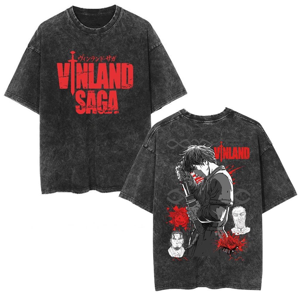 Футболка Vinland Saga Торфинн Винтажная стираная Аниме Манга Графическая Унисекс Оверсайз Круглый вырез Хлопок Короткий рукав Топы Горячие