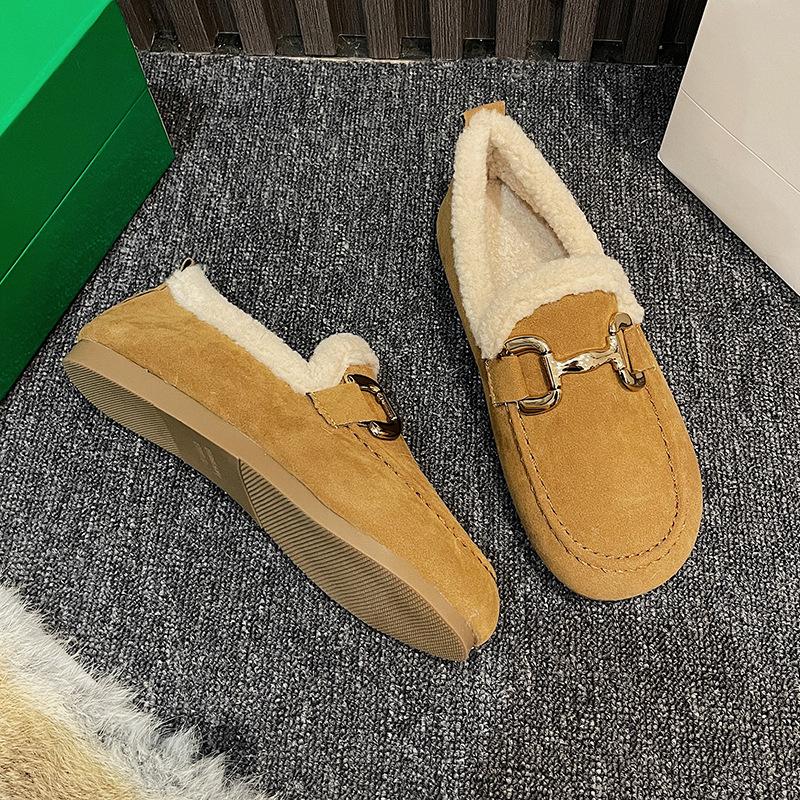 Плоская подошва с круглым носком осенне-зимние новые мягкие подошвы из мягкой кожи бархатные теплые маленькие кожаные туфли женские хлопковые туфли