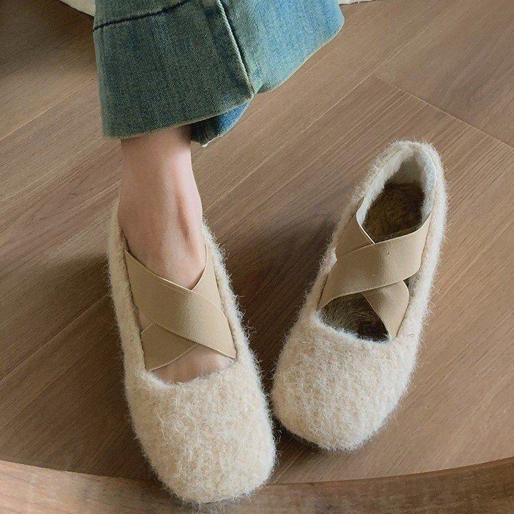 French retro plush Mary Jane cotton shoes cross-strap heightening beanie shoes outer wear