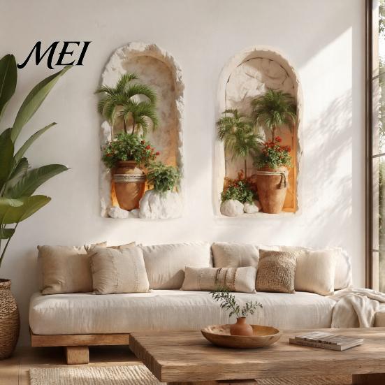 Modern Minimalist Room Accents 2Pcs 3D Tropical Plant Wall Sticker for Home Decor, Arched Niche Window Decal, Non Fading Murals Bathroom Realistic PVC