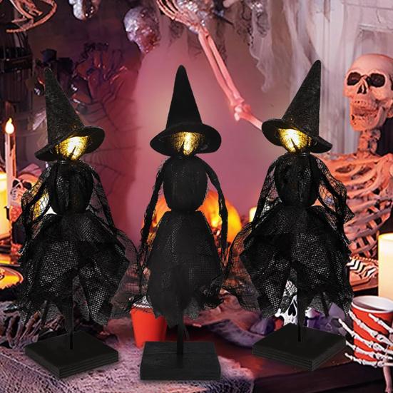 Halloween Witch Decoration Black Witch Ornament with Light-up Face Indoor Primitive Witch Table Centerpiece for Home Shelf Mantels Kitchen Decoration