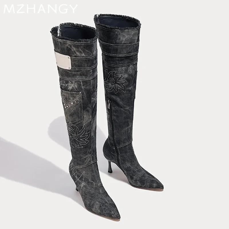 Женские ковбойские высокие ботинки с острым носком, сексуальные туфли на высоком каблуке, элегантные женские зимние ботинки челси 2024 года, туфли-лодочки, новые женские ботинки