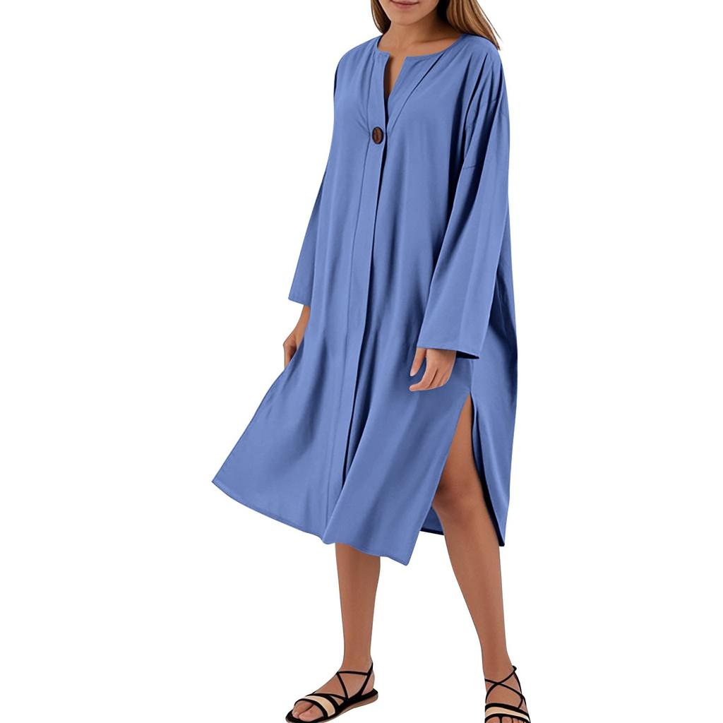 Women's Dresses Loose Casual Solid Color V-Neck Button Long Dresses