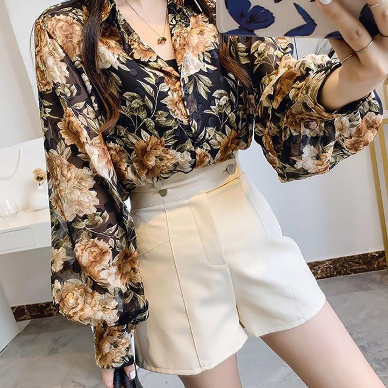 Осенняя женская одежда, шифоновые топы на пуговицах с отложным воротником, изящные повседневные рубашки с рукавами-фонариками и цветочным принтом, рубашки с открытой строчкой