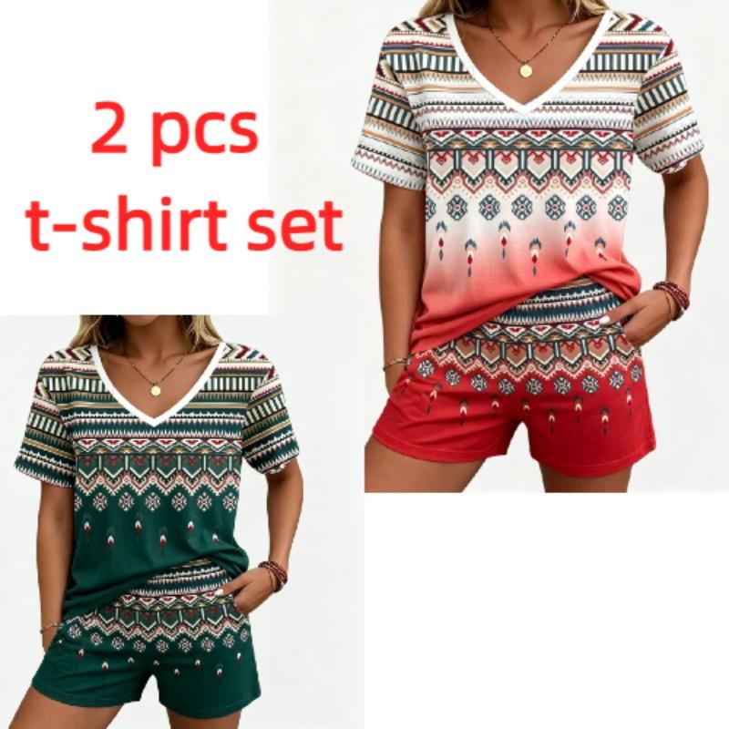 Summer Fashion Ethnic Style Pattern Printed V Neck Short Sleeved T-Shirt And Shorts Set Men's and Women's T-shirt Shorts Set