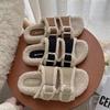Fashion Women's Fashion Flat Woolen Shoes Autumn New Round Head Open Toe Belt Buckle Thick Bottom One Word with Cashmere Cotton Slippers