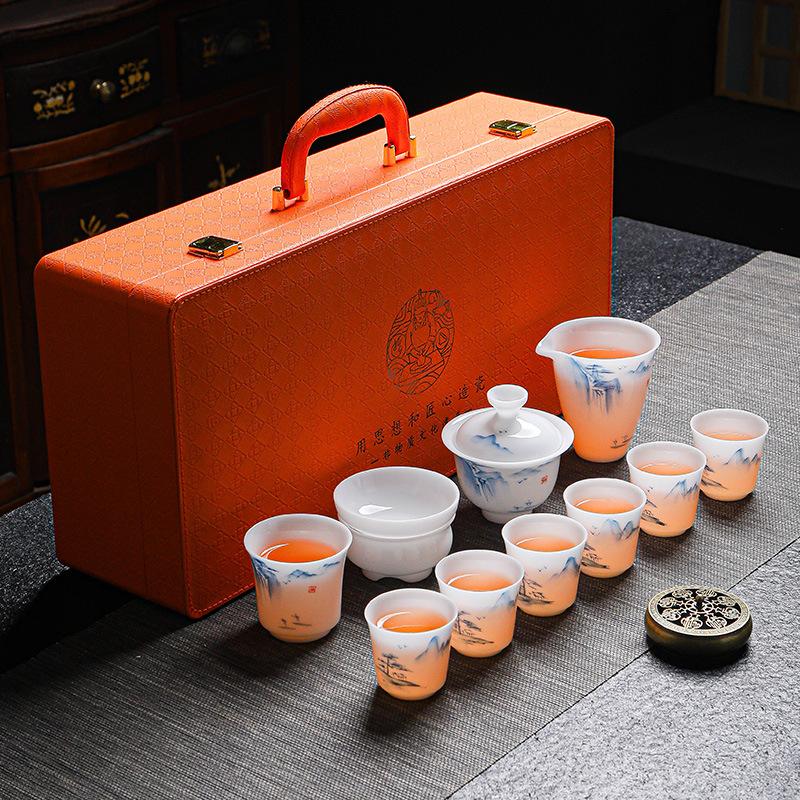 High-end tea set Dehua ice suet jade porcelain 11 heads bright ice and snow white tea landscape home business souvenir