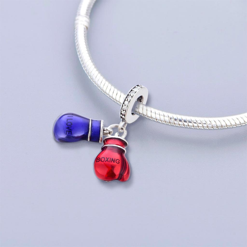 S925 Silver Red And Blue Boxing Glove Pendant Power Bead Bracelet Necklace DIY Handmade Craft Accessories Loose Beads