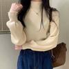 Women Autumn Mock Neck Knitted Sweater Lantern Long Sleeve Solid Elegant Pullovers Korean Loose Casual Tops Office Lady Jumpers