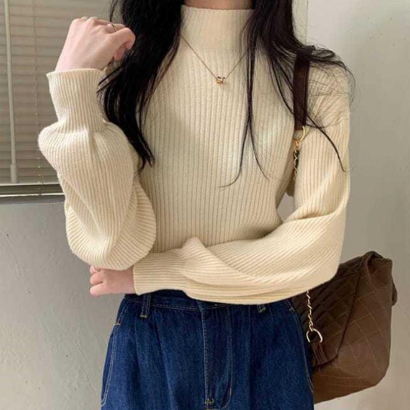 Women Autumn Mock Neck Knitted Sweater Lantern Long Sleeve Solid Elegant Pullovers Korean Loose Casual Tops Office Lady Jumpers