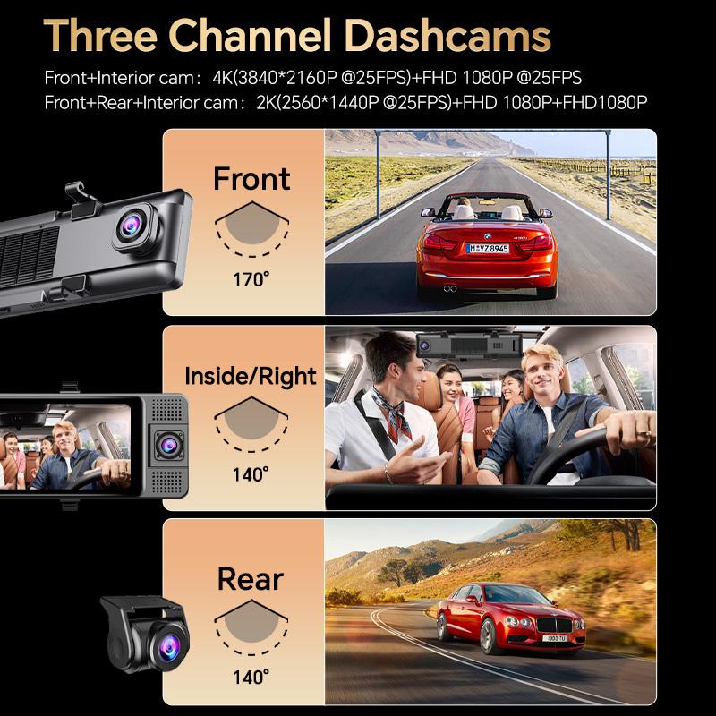 H330 11.26" Rearview Mirror 3 Cameras Front Inside Rear 4K+1080P+1080P Dash Cam Infrared Night Vision WIFI GPS Video Recorder