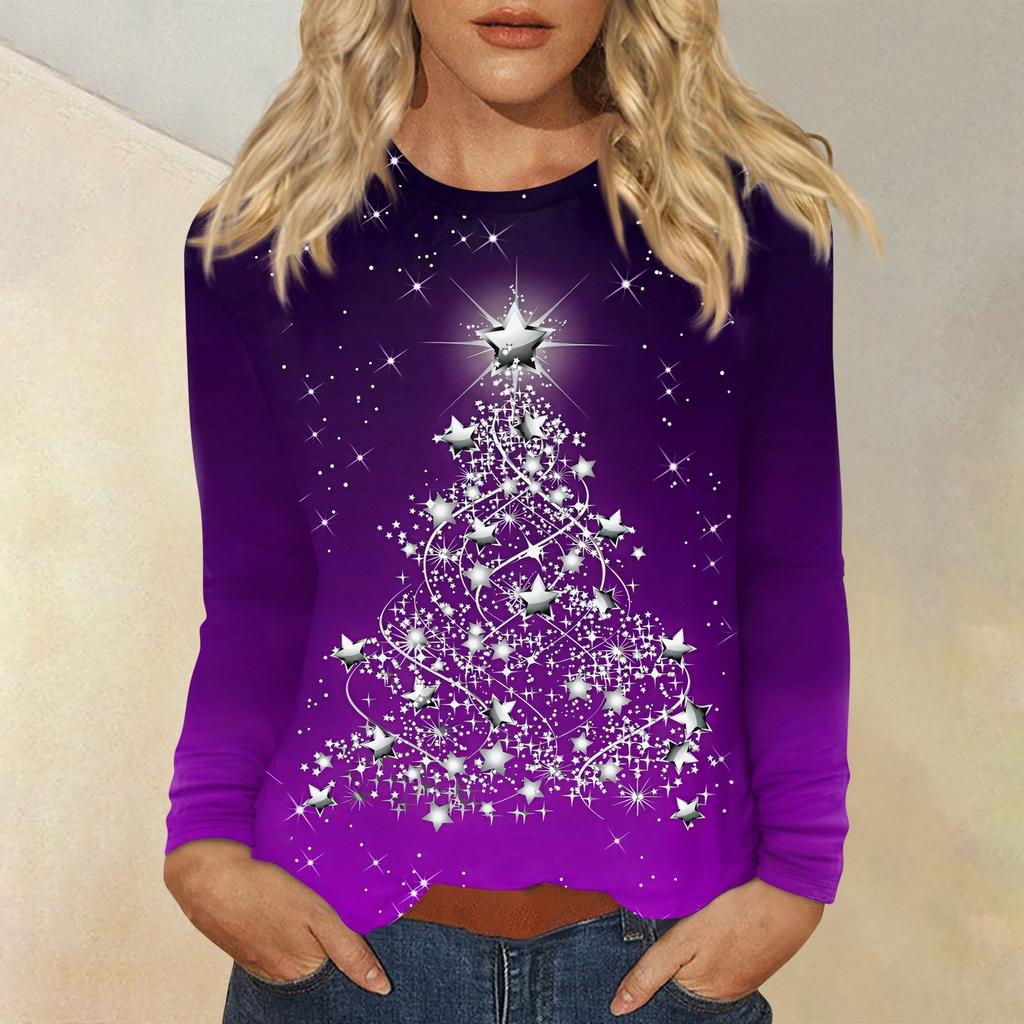 Рубашки с длинным рукавом для женщин, милые футболки с принтом на Рождество, блузки, повседневные топы больших размеров, пуловеры