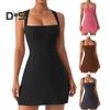 Women Mini Dress Square Neck Sleeveless Backless High Elasticity Sheath Solid Color Above Knee Length High Waist Skinny Bodycon Dress
