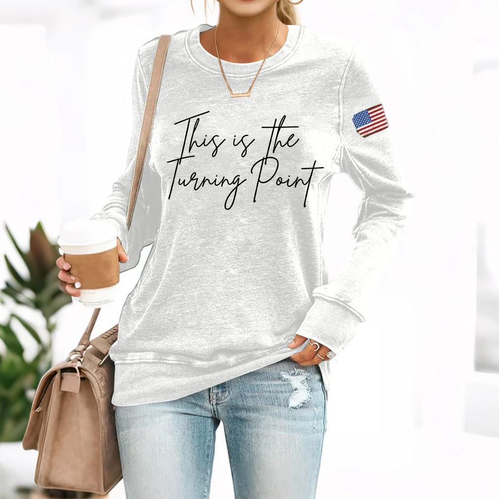 (THIS IS THE TURNING POINT) Women's Fashionable Casual Long-sleeved Printed Round Neck Sweatshirt Top