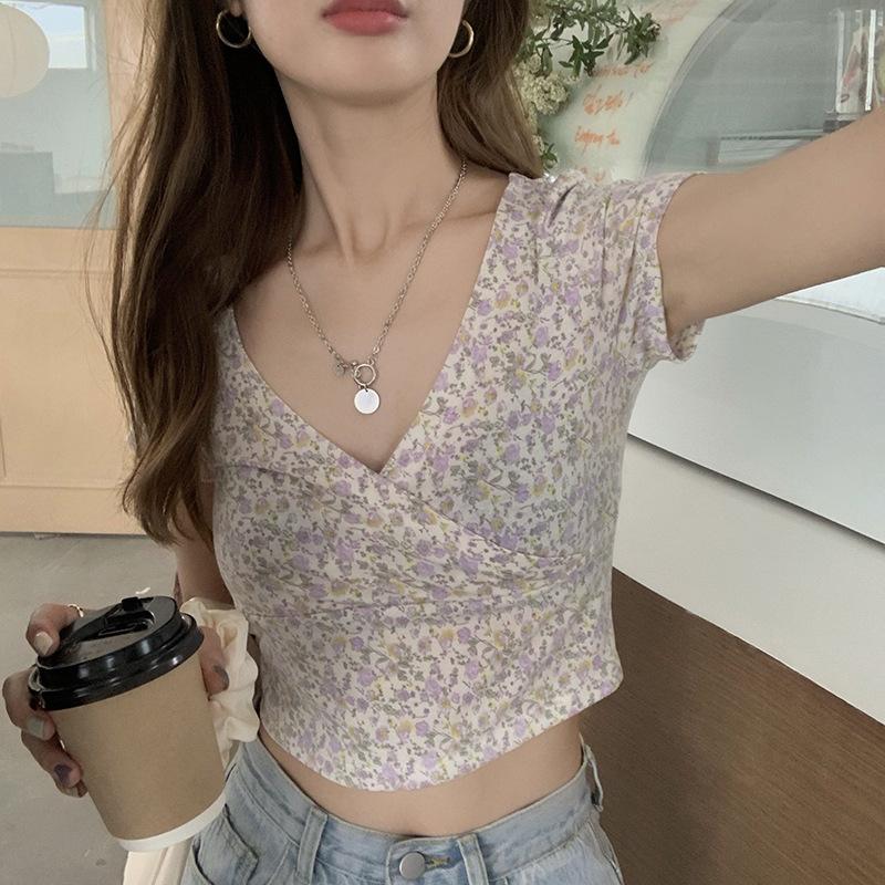 Летняя футболка с v-образным вырезом и коротким рукавом в стиле ретро, ​​облегающий женский топ с высокой талией в стиле Y2k, укороченные топы в уличном стиле, футболка