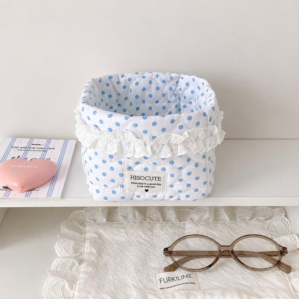 Polka Dot Pattern Quilted Storage Basket Lace Ruffle Trim Makeup Organizer Container
