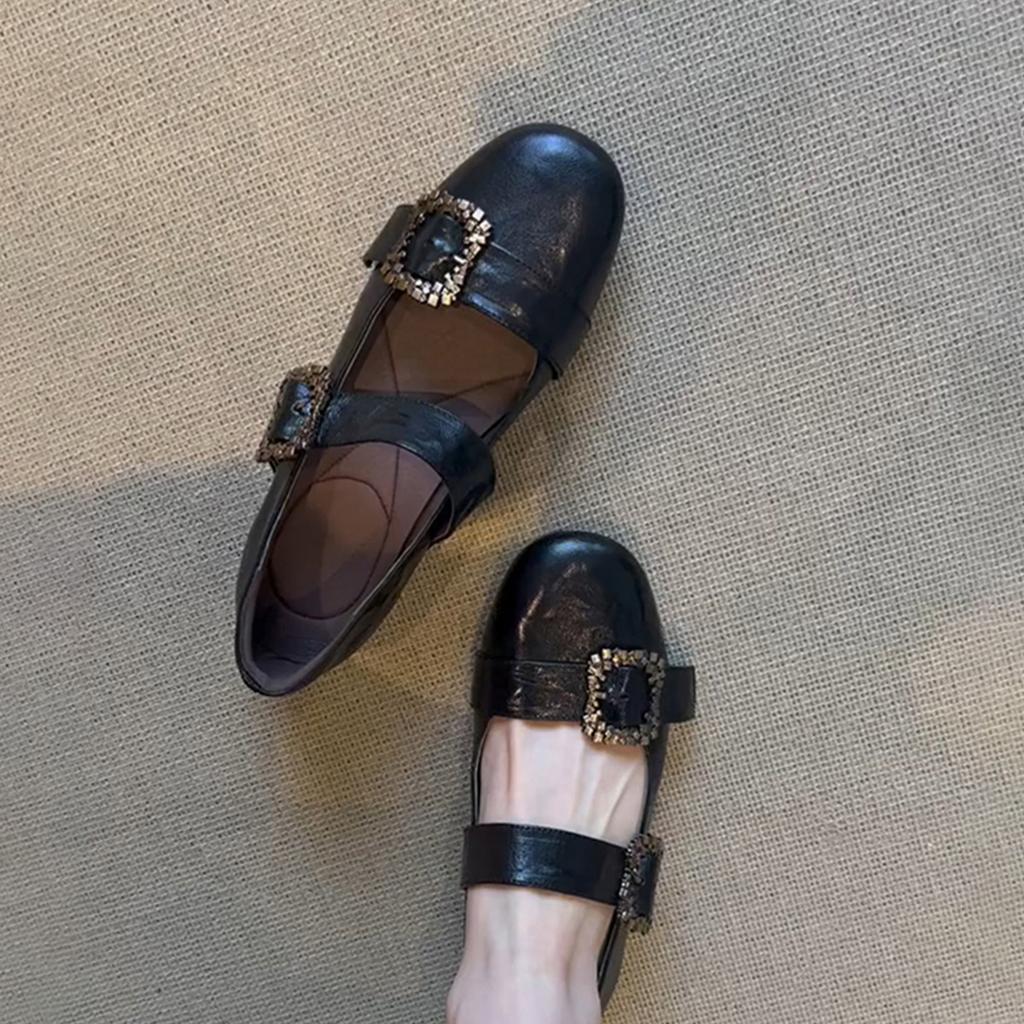 Ретро туфли-лодочки с круглым носком и мелким вырезом, женские туфли на плоской подошве с ремешком, черные, универсальные туфли Мэри Джейн