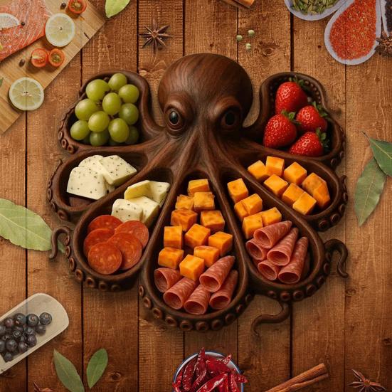 Блюдо для закусок «Осьминог» с вилкой, поднос для сырной доски в океанской тематике для мяса, сыра, фруктов, морепродуктов, деревянный сервировочный поднос, уникальный подарок