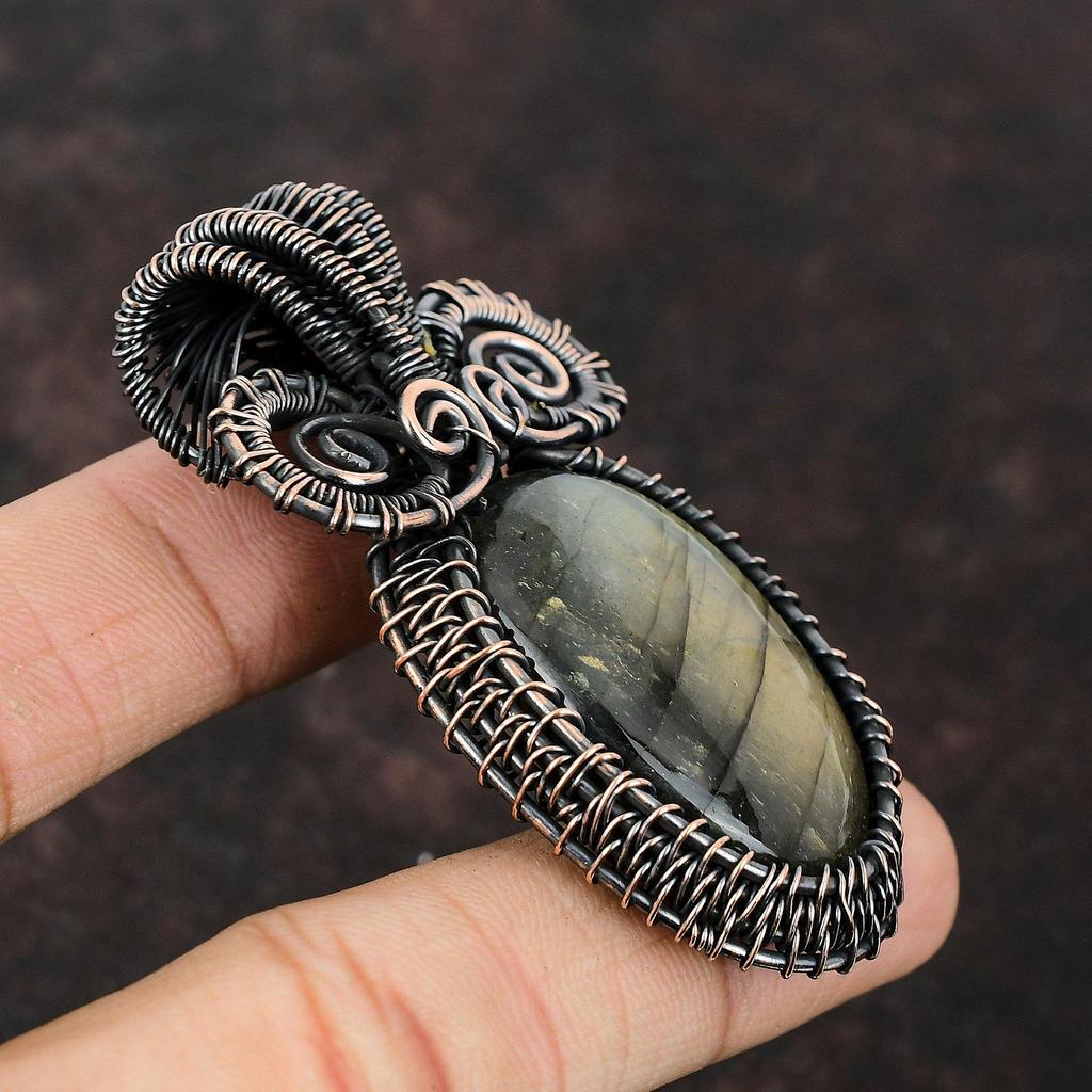 Подвеска из лабрадорита, медная проволока, кулон с драгоценным камнем, ювелирные изделия из лабрадорита ручной работы, подарок на годовщину для мамы, дизайнерский кулон из медной проволоки