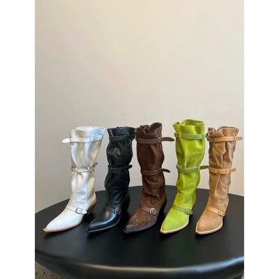 Версия из коровьей кожи ботинки с острым носком нишевый дизайн ретро западные ковбойские сапоги толстый каблук модный стиль горячей девушки длинные сапоги женские