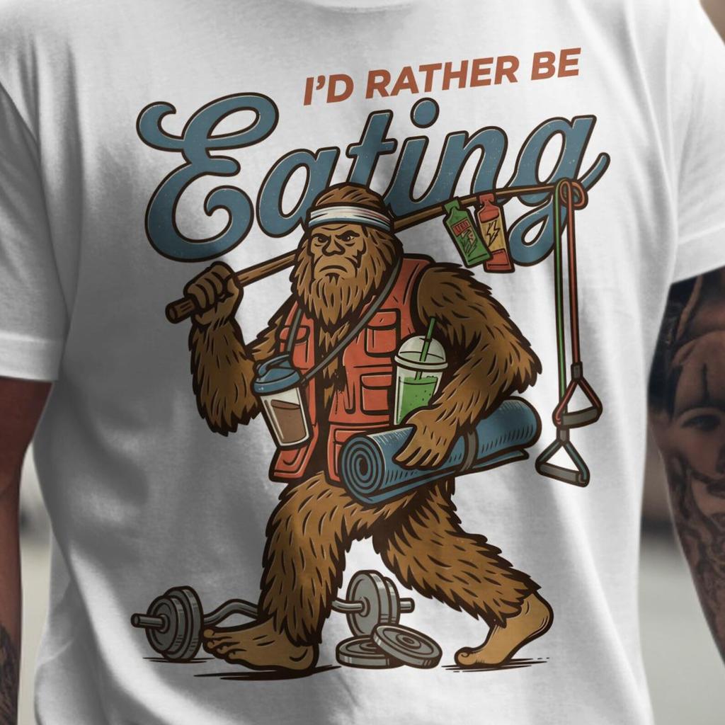 Funny Bigfoot I'd Rather Be Eating T-Shirt and kids tshirt, Sasquatch Gym Humor Tee, Workout Sarcasm, Relatable Foodie Gift, Unique Cryptid Graphic