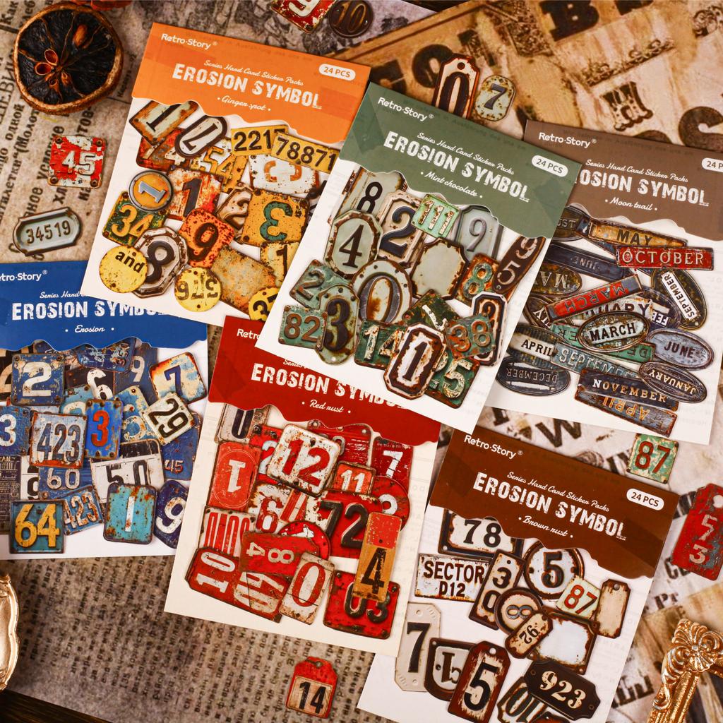 24 Pcs Retro Alphabet, Number & Symbol Label Stickers Sticker Pack Scrapbooking Diary Vintage Decoration Junk Journal Stickers