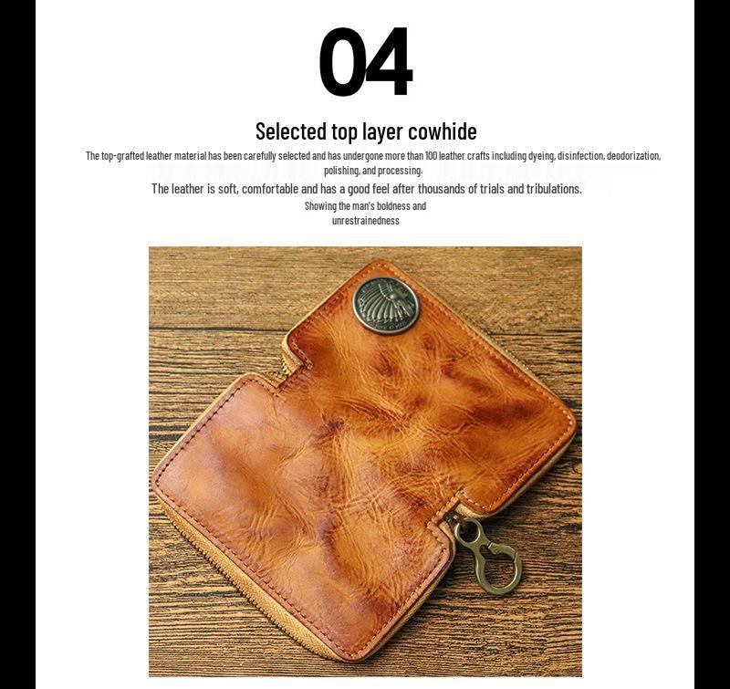 Men's Vegetable-Tanned Leather Multi-Functional Key & Card Holder with Zipper