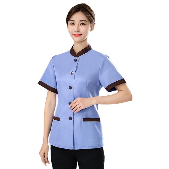 Hotel Housekeeping Uniform Women Slim Fit Top Stand Collar Short Sleeve Single Breasted Pockets Work Uniform Tops