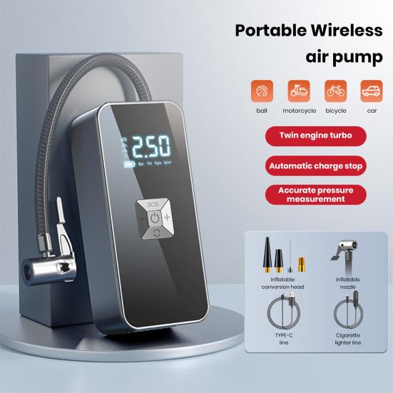 Накачка шин Портативный воздушный компрессор с фонариком Цифровой дисплей Манометр для шин Беспроводной электрический велосипедный насос
