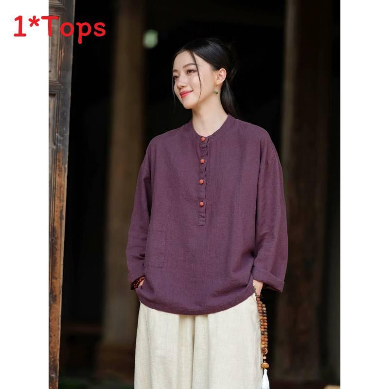 Spring Linen Cotton Womens Shirt With Colorblock Buttons For Vintage Style Casual Wear