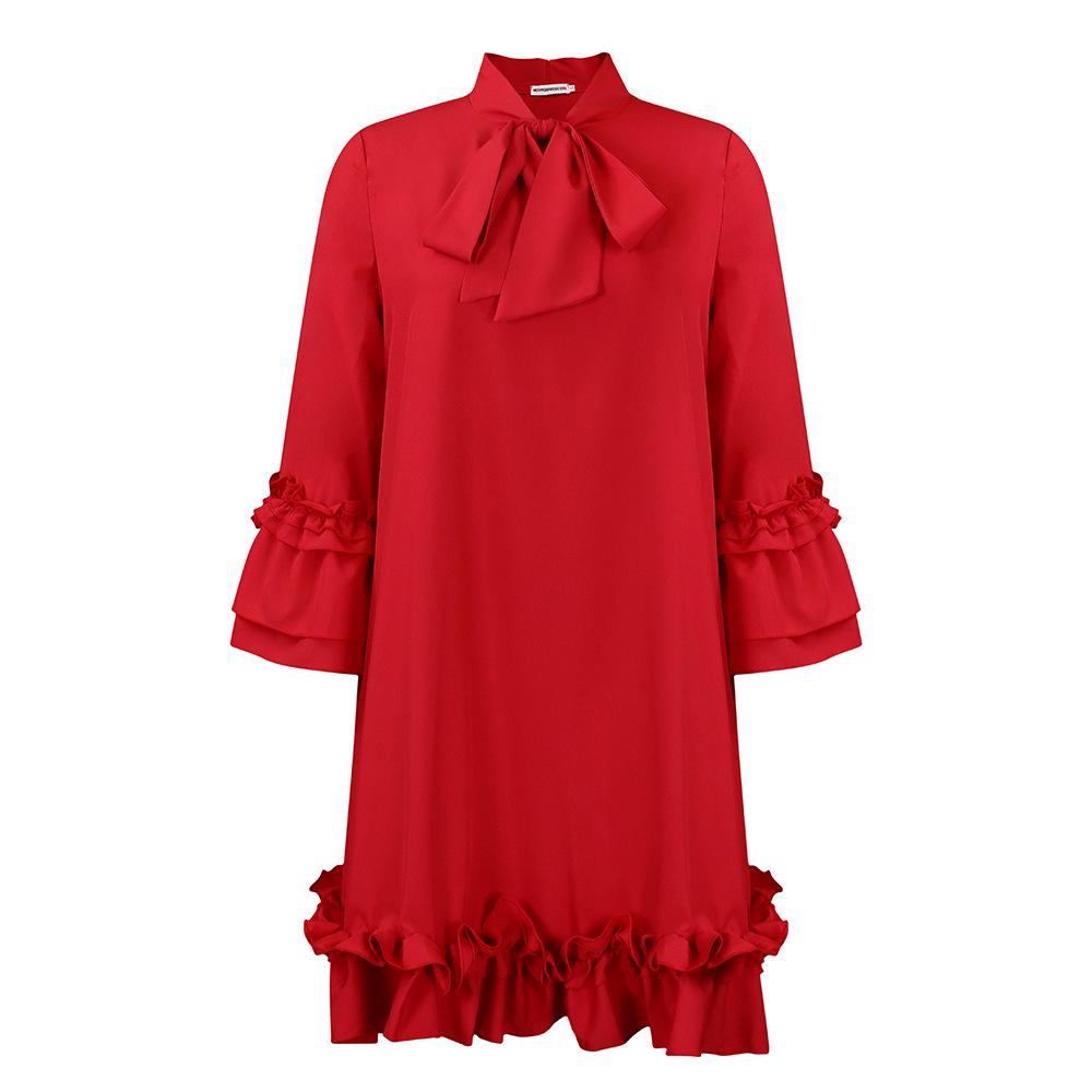 C8570 European & American Plus Size Women's 2024 Ruffle Tie Dress with Stacked Sleeves - Solid Color, Elegant Style.