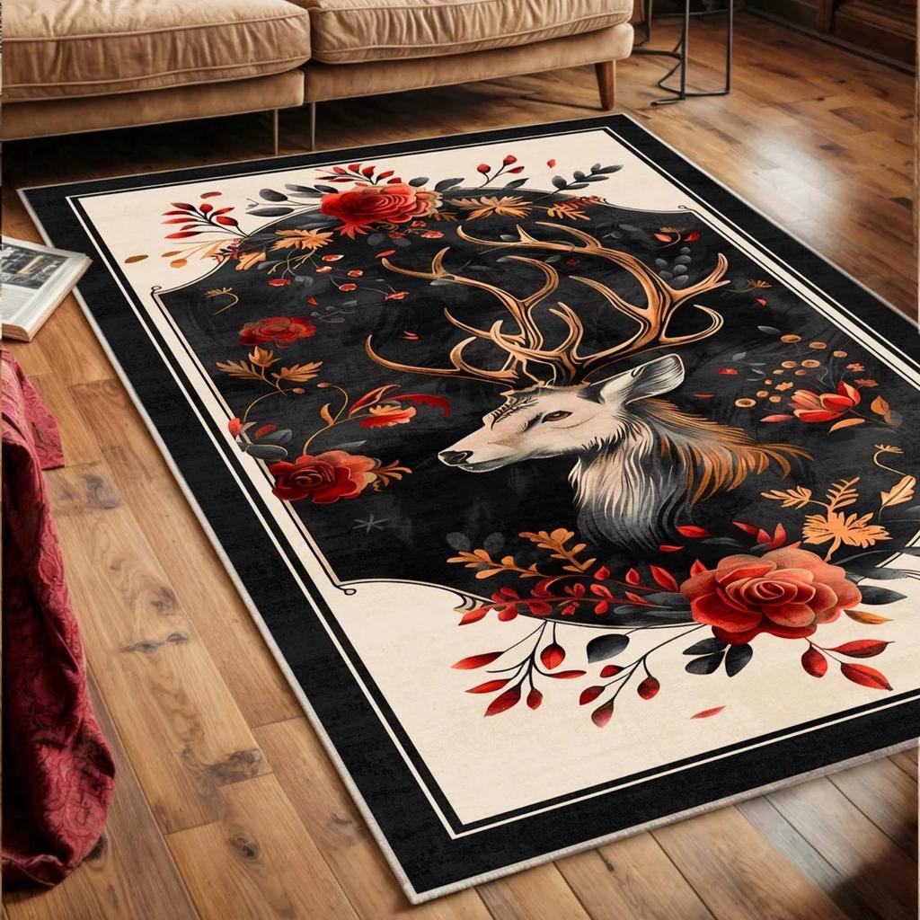 С рисунком оленя, машинная стирка, нескользящая основа, устойчивый к пятнам черный коврик для гостиной, кухонный коврик и напольный коврик, коврик для спальни