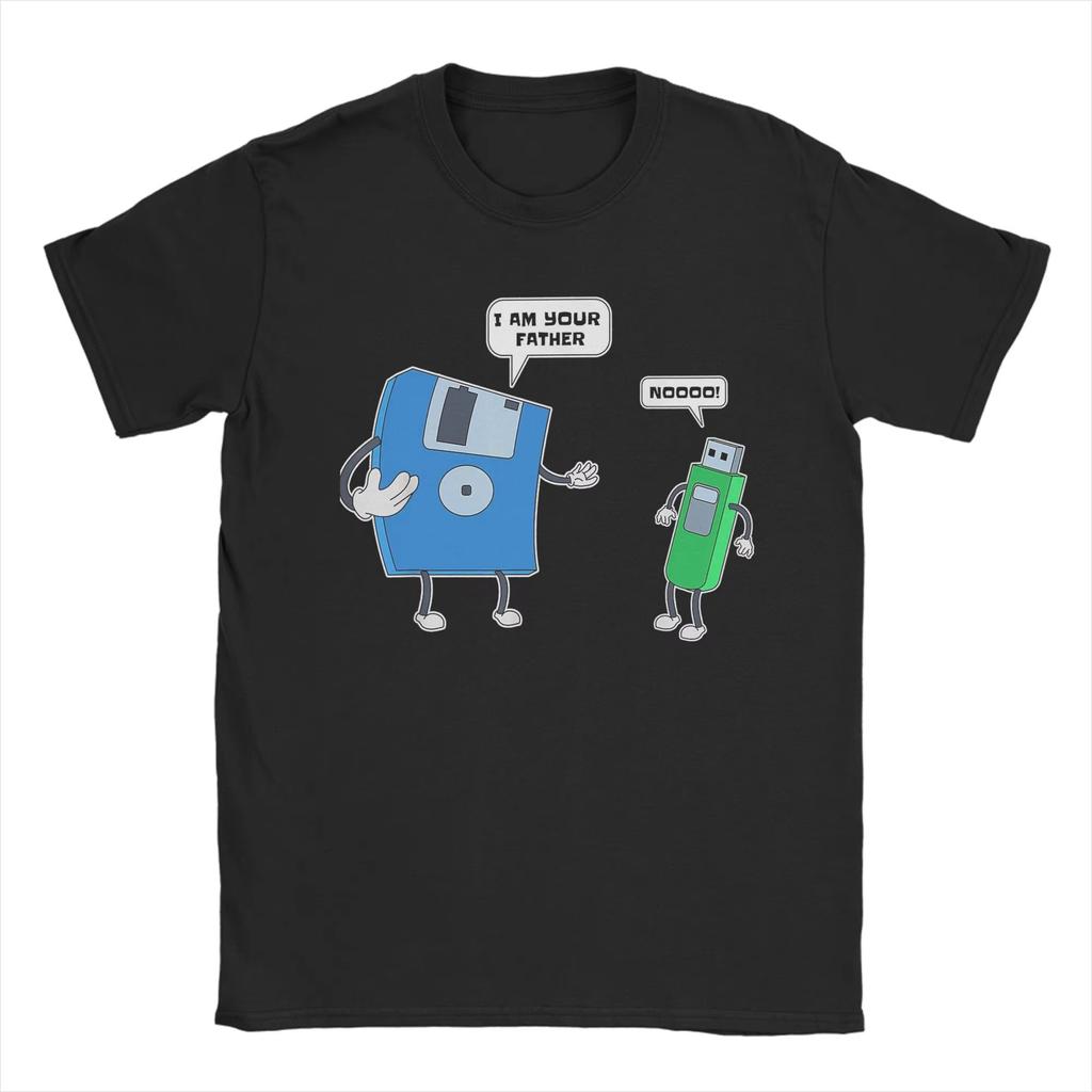 Summer Men's Computer Father Son Floppy Disk Engineer Printed Round Neck T-shirt 100% Cotton Casual Outdoor Soft Short Sleeve