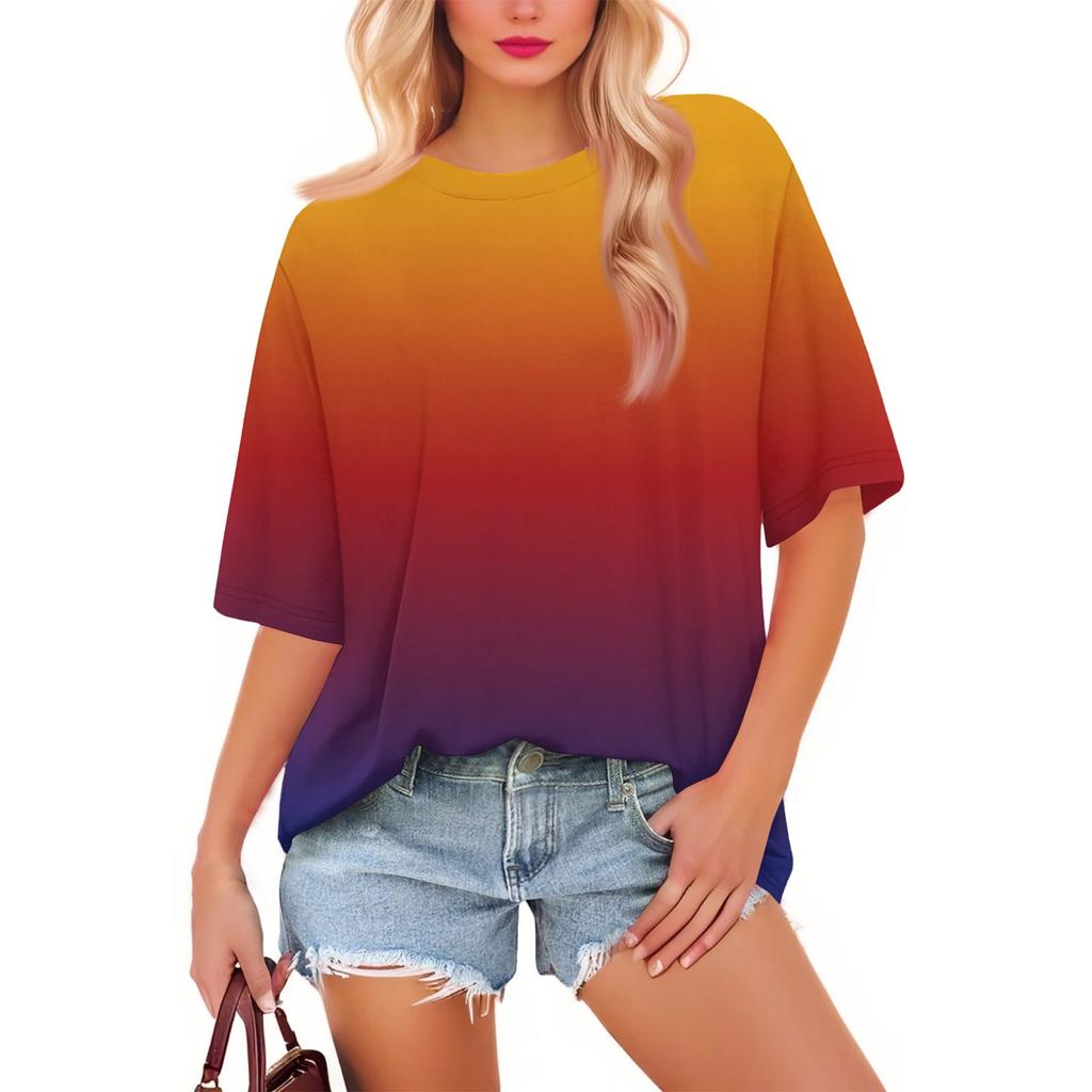 Women's Fashion Casual Gradient Color Loose Round Neck Short Sleeve Trendy Holiday T-shirt Top