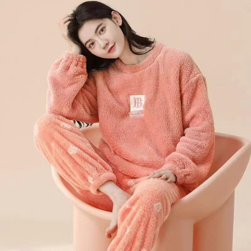 Thickened Warm Sleepwear for Winter Coral Velvet Student Nightwear Homewear Two-Piece Ladies Pajamas Loungewear Set