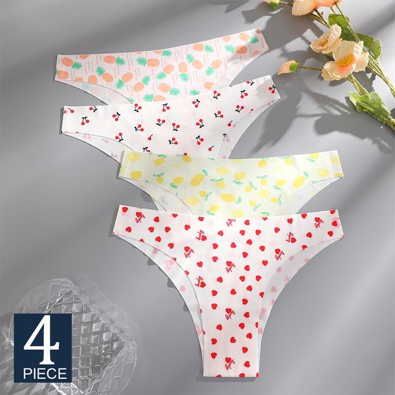 4Pcs/Set Seamless Colorful Brazilian Pants Lady Sexy Underwear Ice Silk Underpants Low Waist G-string Soft Thin Briefs