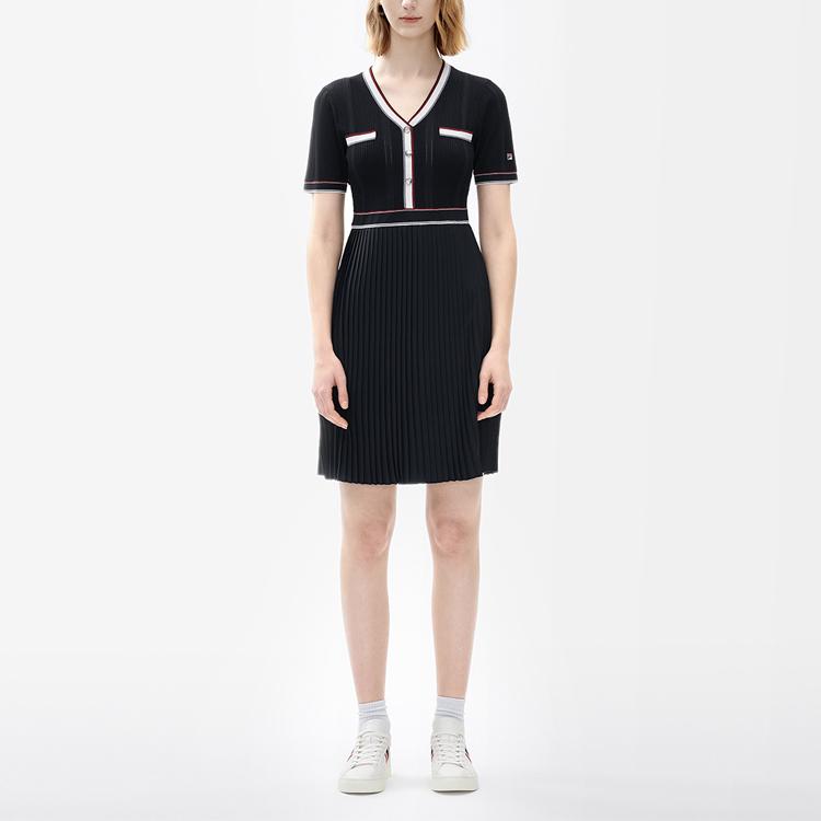 Fila Серия Modern Heritage Французская классика Однотонное Платье-пуловер с V-образным вырезом и короткими рукавами средней посадки Женские платья Легендарно-синий F11W331399A-NV