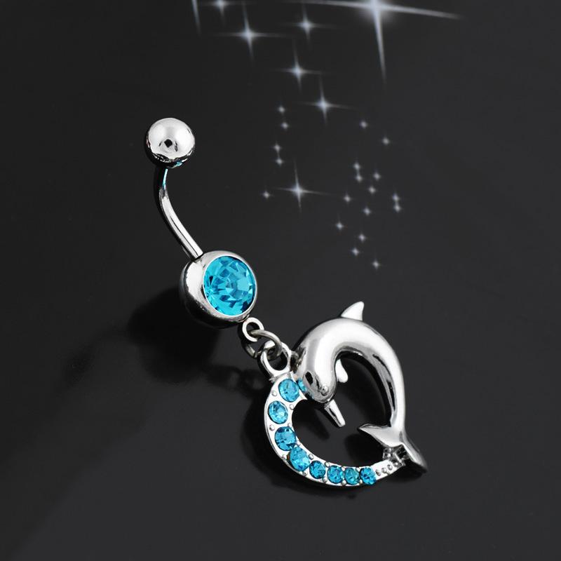 Stainless Steel Puncture Belly Button Buckle Dolphin Love Inlaid Diamond Pendant Belly Navel Ring Belly Dance Accessories Umbilical Nail