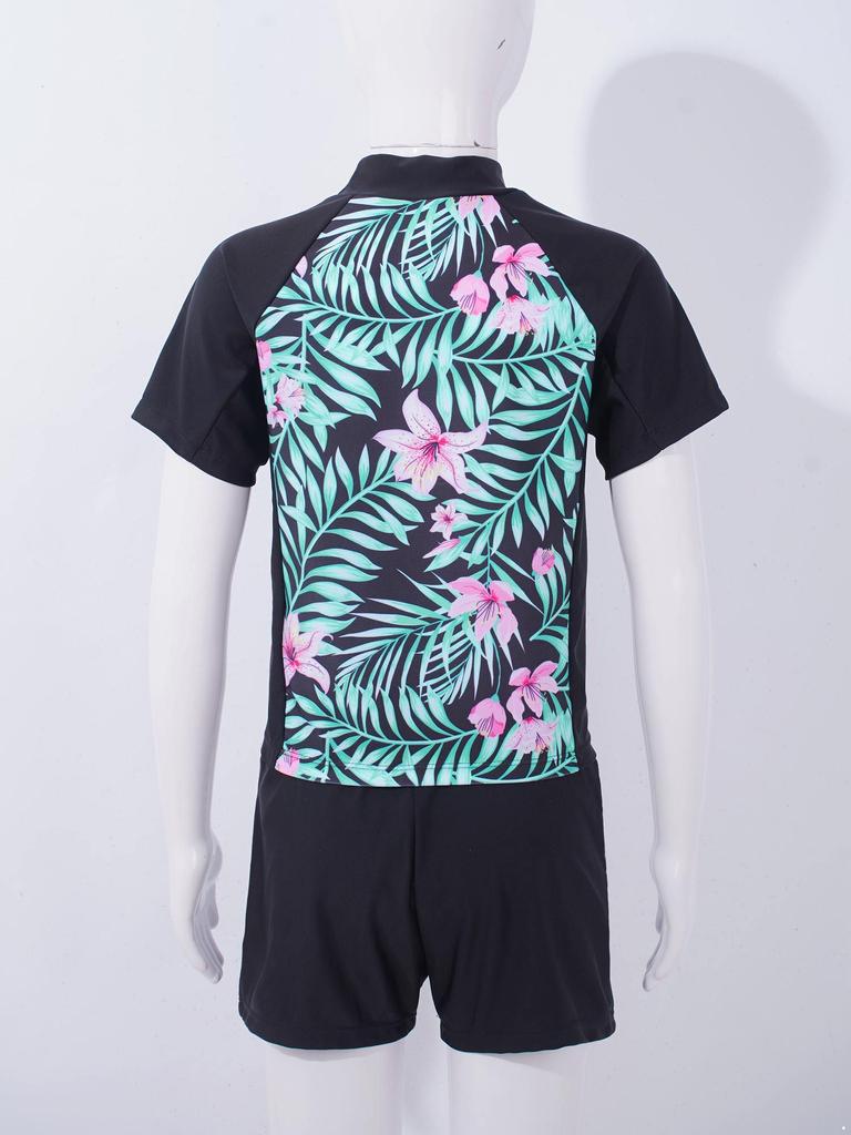 Kids Girls Rash Guard Flower Printed Tankini Set T-Shirt with Swim Short Pants Swimsuit Bathing Suit