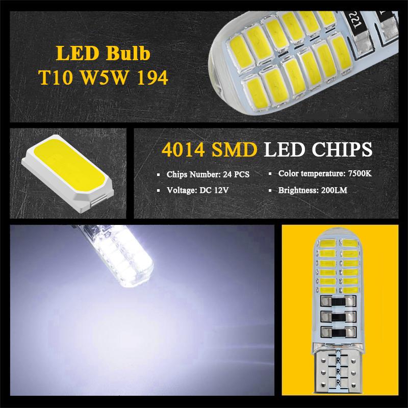2 PCS T10 W5W LED Strobe Signal Lights 12V 4014 24-SMD 7500K White Waterproof Car Linse Plate Trunk Wedge SIde Flash Lamps