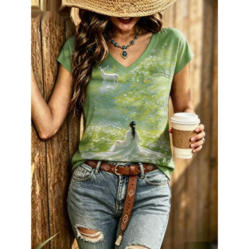 Womens V-Neck Short Sleeve Loose T-Shirt With Colorful Polka Dot Print Casual Oversized Top Daily Wear