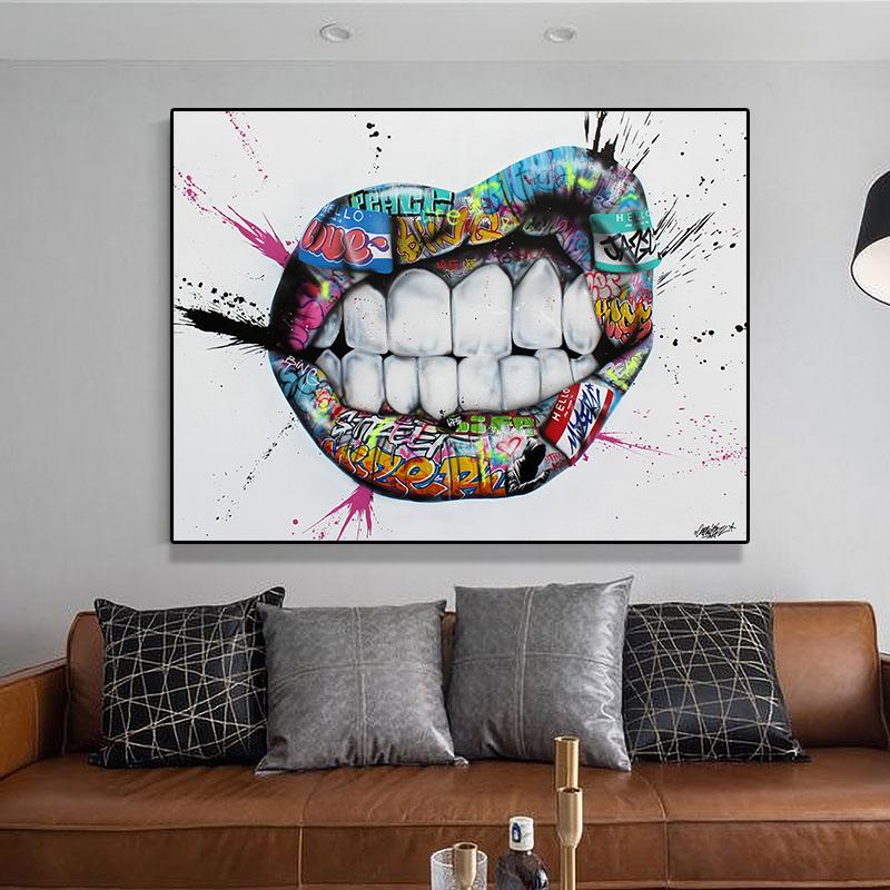 Рот, зубы, губы, искусство граффити, живопись маслом, гравюра, уличные настенные плакаты и гравюра, настенные рисунки в гостиной
