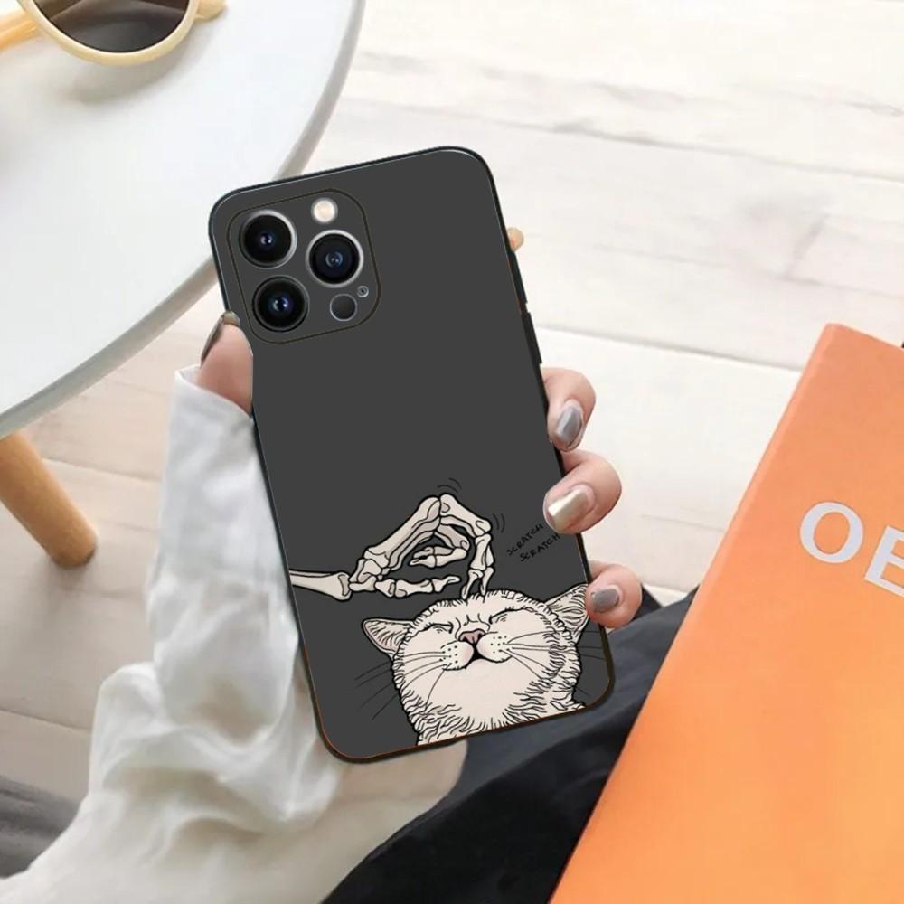 Skeleton Cat Painted Phone Case For iPhone 15,14,13,12,11,Plus,Pro Max,XS,X,XR,SE,Mini,8,7 Soft Silicone Black Cover