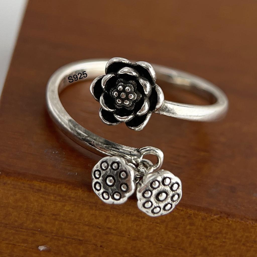 925 Sterling Silver Rings for Women Couple Minimalist Handmade Simple Wide Flower Retro Ring Fine Jewelry Gift Prevent Allergy