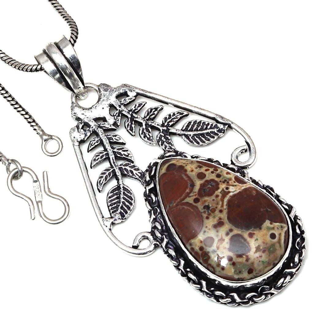 Pendant Leopard Skin Jasper Gemstone Handmade Antique Silver Jewelry 2.5"