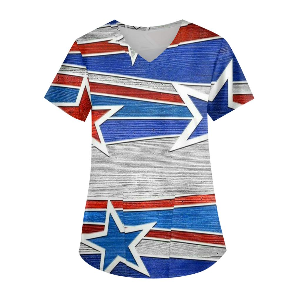 Женская модная футболка с принтом ко Дню Независимости, V-образным вырезом, карманом, короткими рукавами, униформа и топ для ухода
